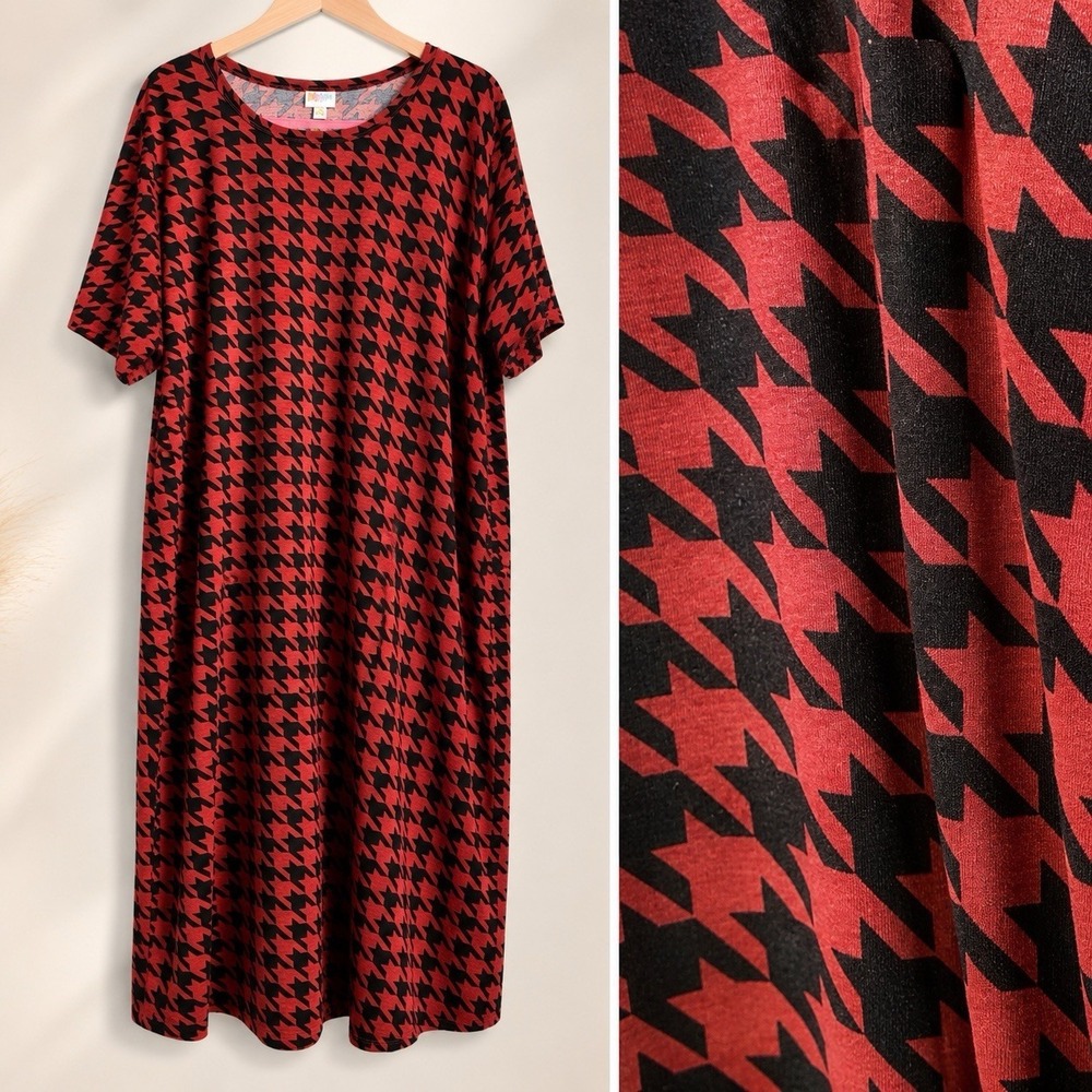 LuLaRoe Dress 3XL Red Black Houndstooth Swing T-Shirt Tunic Midi Pockets Casual